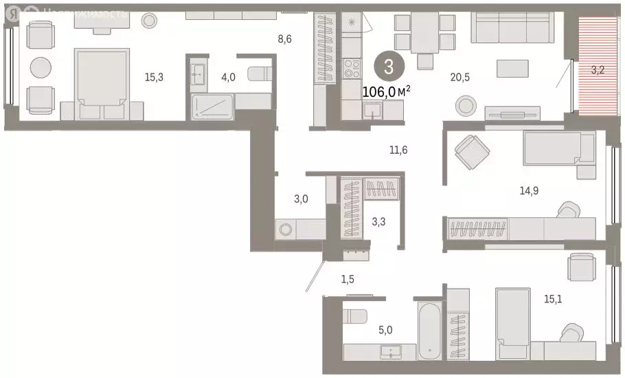 3-комнатная квартира: Омск, Кировский округ (105.97 м) - Фото 2
