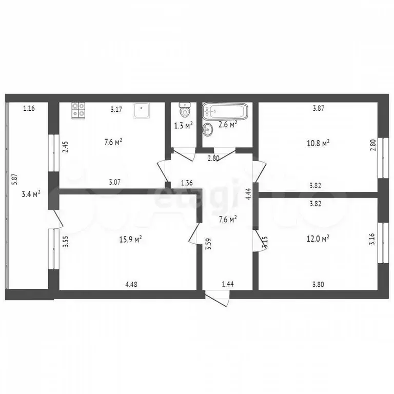 3-к. квартира, 57,8 м, 3/5 эт. - Фото 0