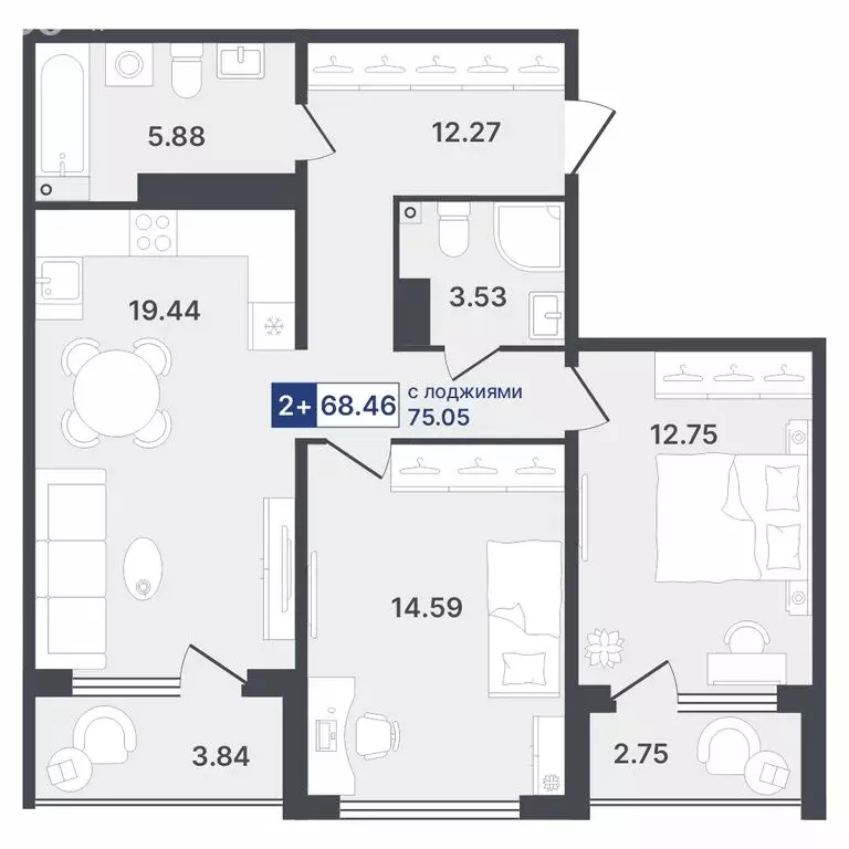 2-комнатная квартира: Тюмень, Ставропольская улица, 1 (68.46 м) - Фото 0