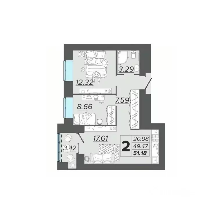 2-к кв. Брянская область, Брянск Архитектор жилой комплекс (51.18 м) - Фото 1