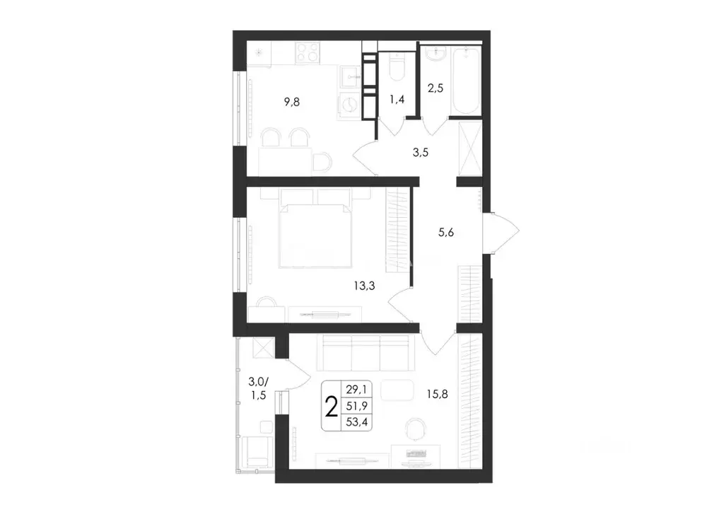 2-к кв. Воронежская область, Воронеж ул. Загоровского, 5/2 (53.4 м) - Фото 0