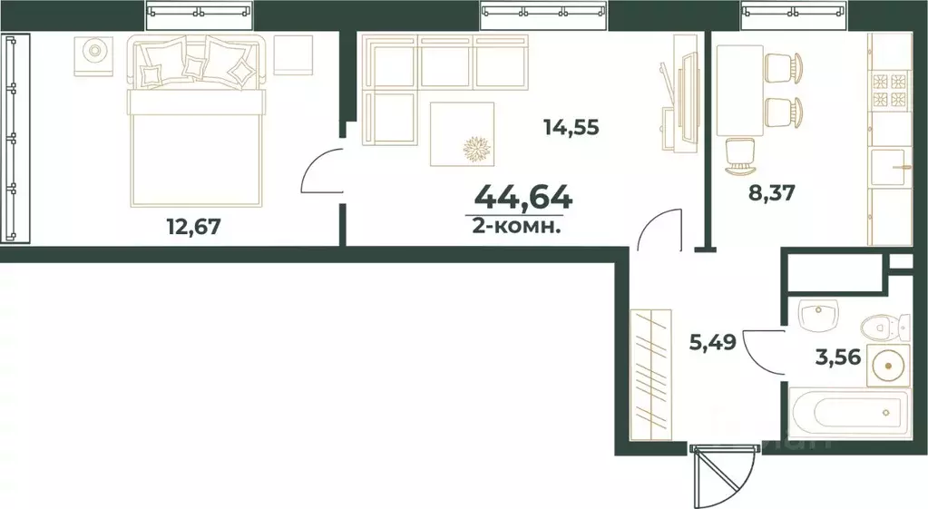 2-к кв. Башкортостан, Уфа ул. Ивана Спатара, 14 (44.64 м) - Фото 0