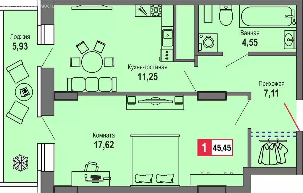 1-комнатная квартира: Тверь, Оснабрюкская улица, 22 (45.45 м) - Фото 1