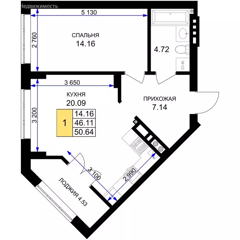 1-комнатная квартира: Гурьевск, жилой комплекс Включи (50.64 м) - Фото 1