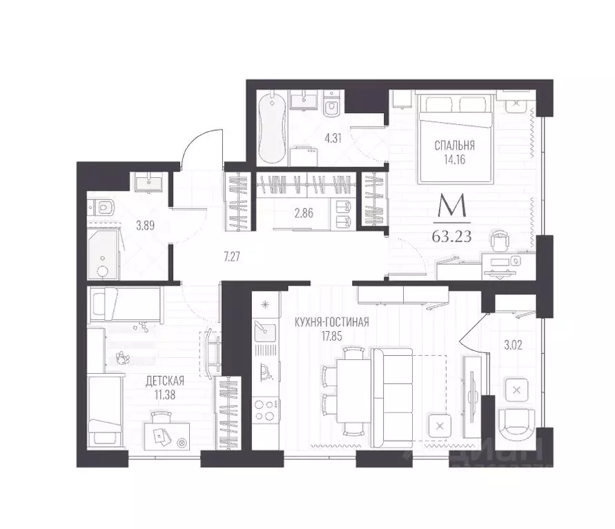 2-к кв. Курская область, Курск ул. Чехова, 3 (63.0 м) - Фото 1