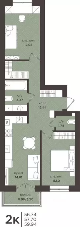 2-к кв. Калининградская область, Гурьевск  (57.7 м) - Фото 1