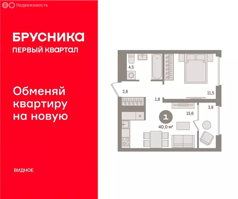 1-комнатная квартира: деревня Сапроново, Калиновая улица, 11 (40 м) - Фото 2