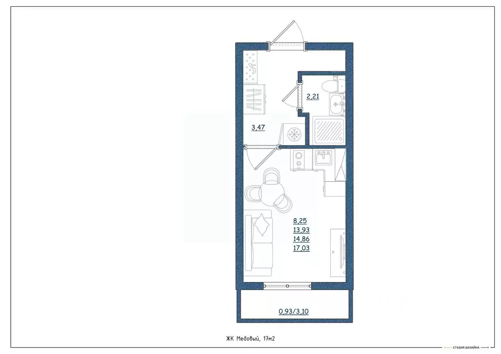 Студия Тверская область, Тверь ул. Медовая, 9к6 (17.0 м) - Фото 2
