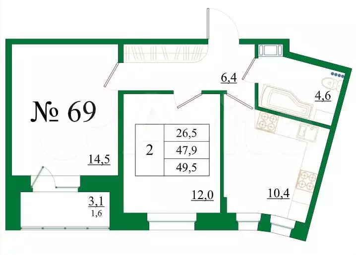 2-к. квартира, 49,5 м, 8/8 эт. - Фото 0