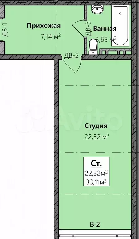 Квартира-студия, 33,1 м, 4/8 эт. - Фото 1