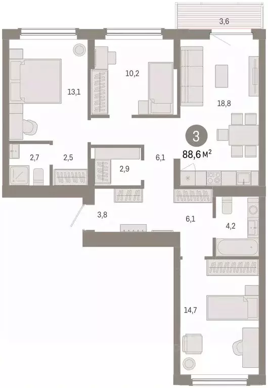 3-к кв. Омская область, Омск  (88.59 м) - Фото 2