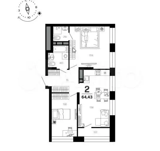 2-к. квартира, 64,4 м, 15/21 эт. - Фото 1