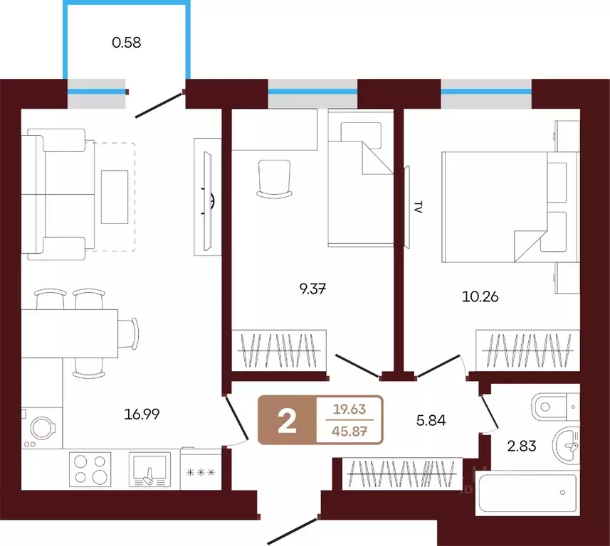 2-к кв. Башкортостан, Иглинский район, с. Акбердино  (45.87 м) - Фото 1