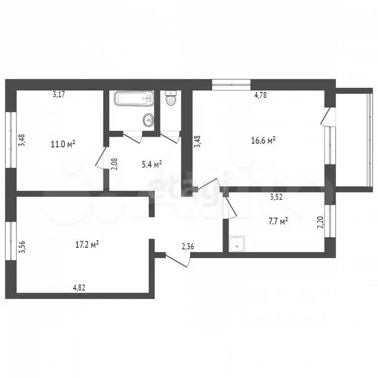 3-к. квартира, 66,5 м, 4/4 эт. - Фото 0
