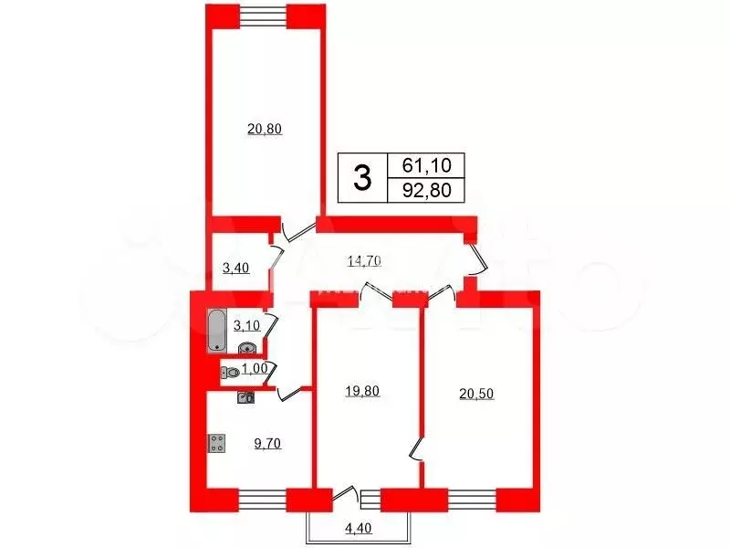 3-к. квартира, 92,8 м, 5/7 эт. - Фото 0