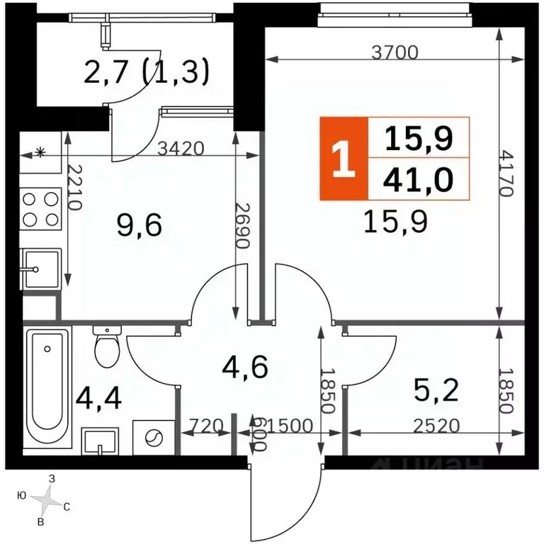 1-к кв. Москва Строительный проезд, 9к1 (39.0 м) - Фото 1