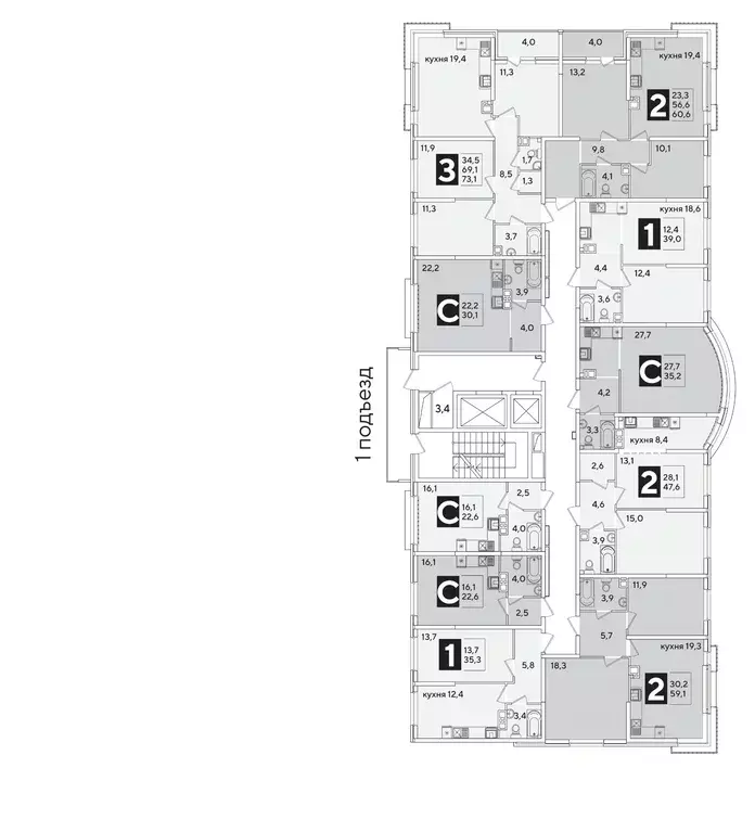 2-к кв. Краснодарский край, Краснодар Самолет-6 жилой комплекс (60.6 ... - Фото 2