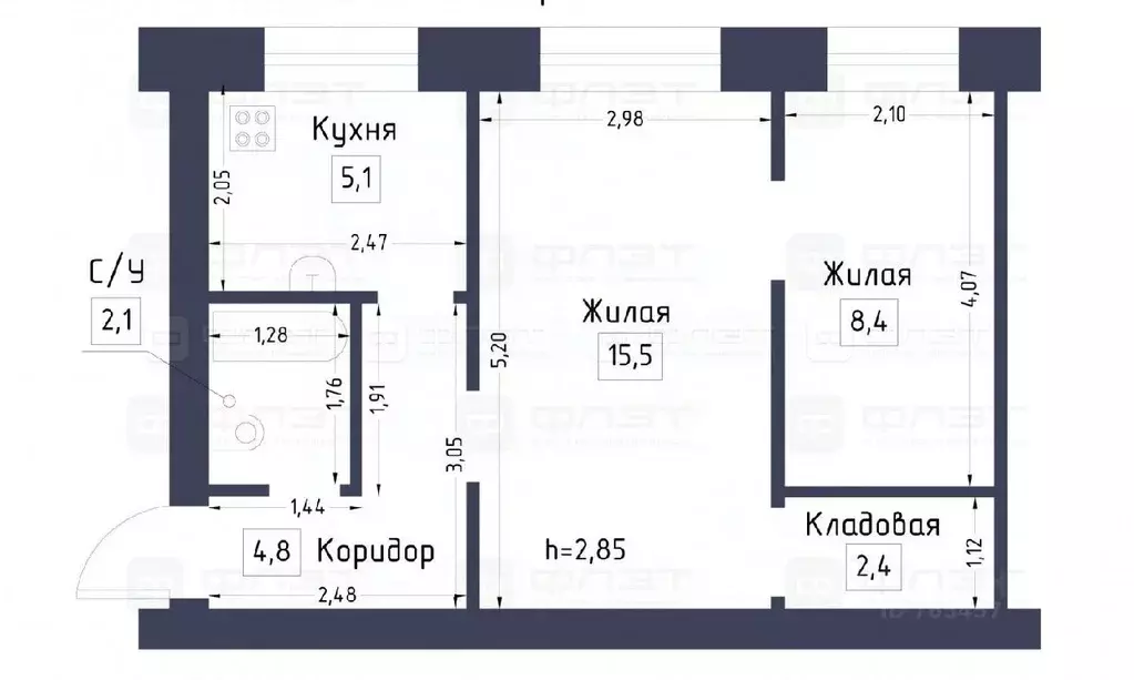 2-к кв. Татарстан, Казань ул. Гагарина, 79 (38.3 м) - Фото 1