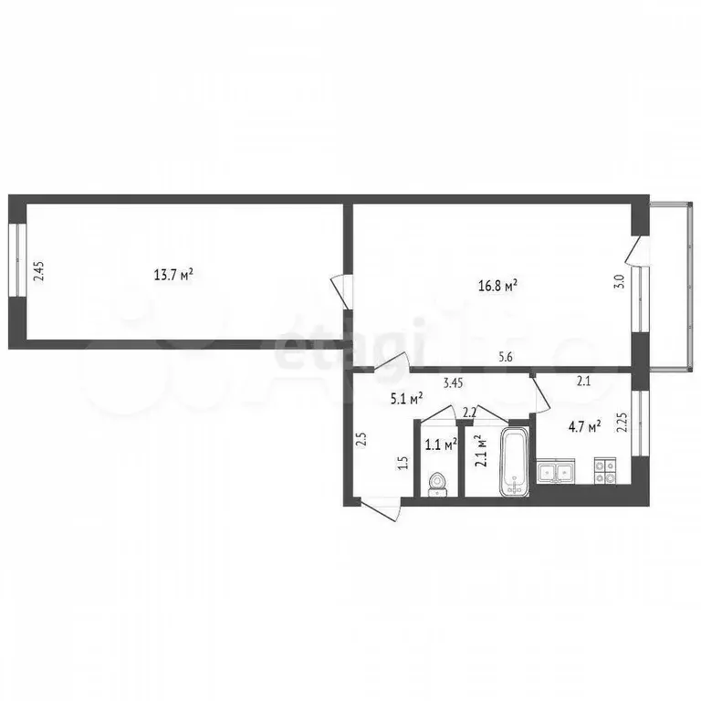 2-к. квартира, 43,5 м, 4/5 эт. - Фото 0