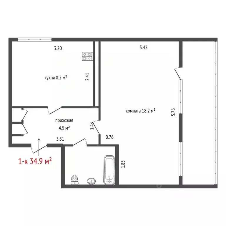 1-к кв. Свердловская область, Екатеринбург ул. Московская, 216 (34.9 ... - Фото 2