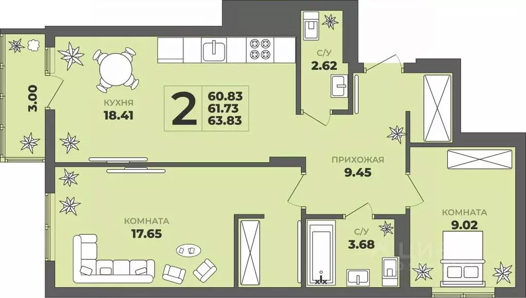 2-к кв. Калининградская область, Калининград ул. Генерала Толстикова, ... - Фото 1