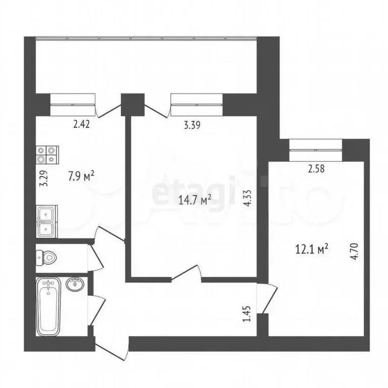 2-к. квартира, 46,4 м, 3/9 эт. - Фото 0