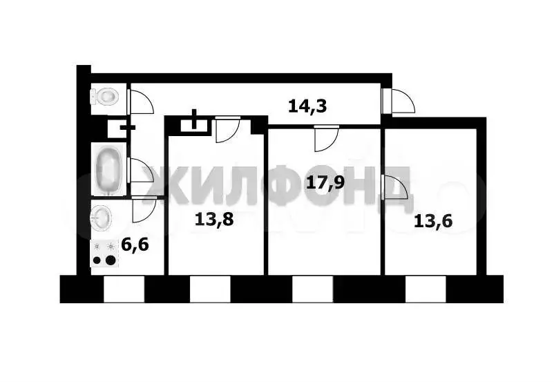 3-к. квартира, 70,9 м, 5/6 эт. - Фото 0