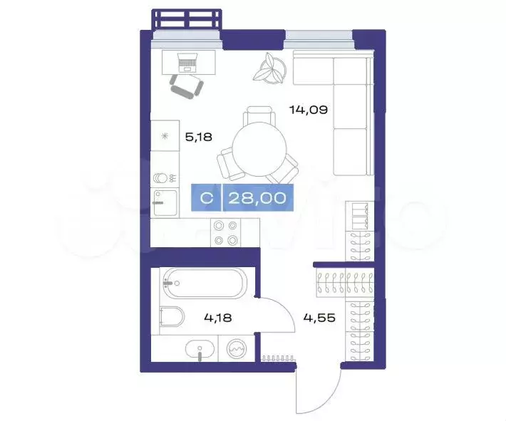 Квартира-студия, 28 м, 15/25 эт. - Фото 1