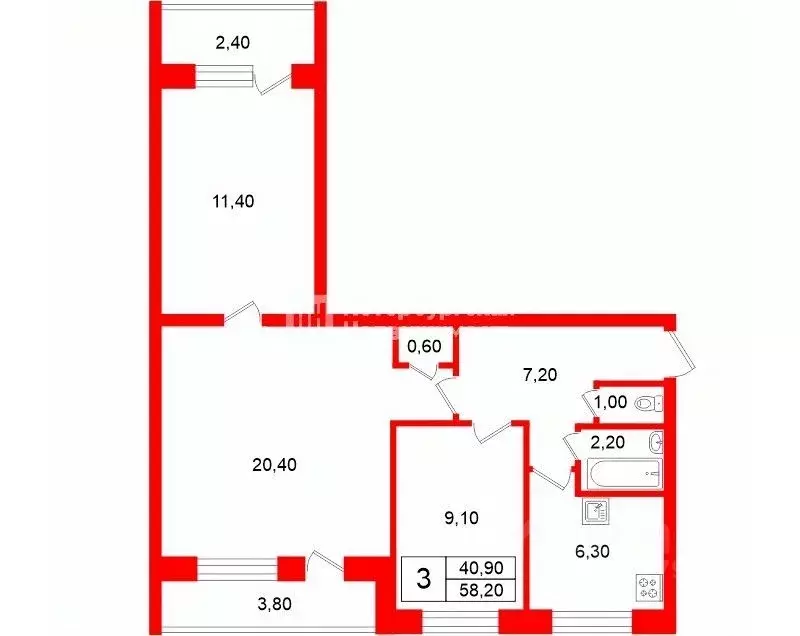 3-к кв. Санкт-Петербург просп. Солидарности, 13К2 (58.2 м) - Фото 2