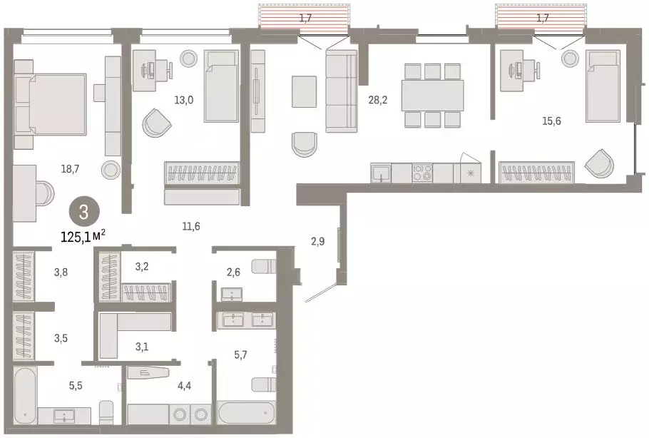 3-комнатная квартира: Тюмень, улица Республики, 205к2 (124.8 м) - Фото 2
