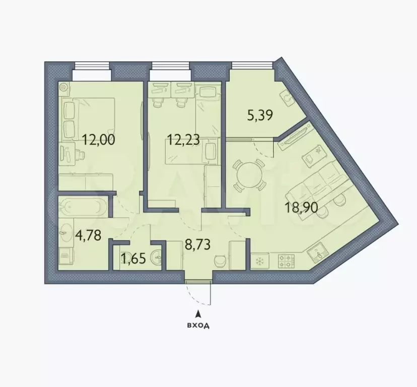 2-к. квартира, 63,7 м, 6/6 эт. - Фото 1