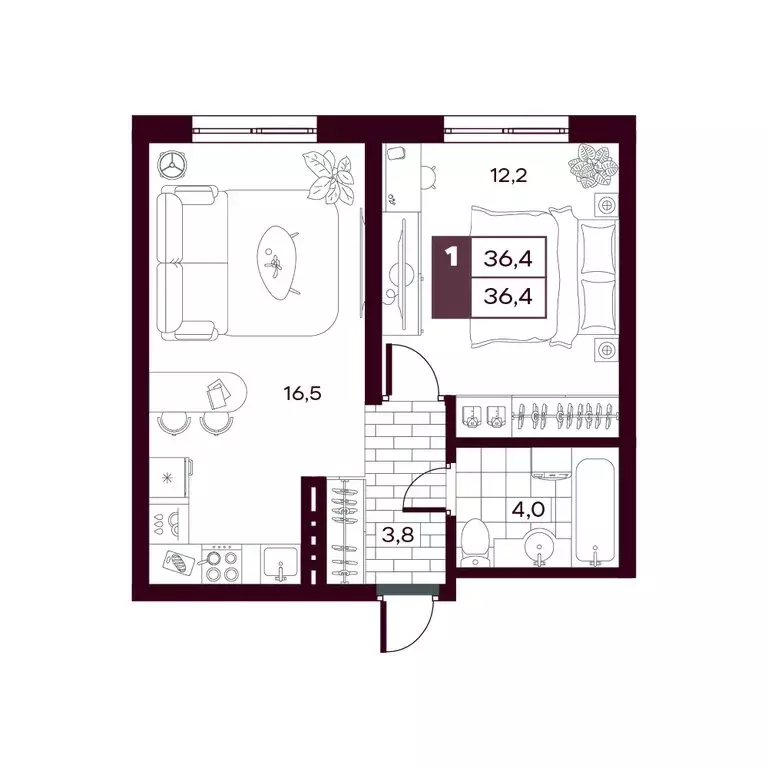 1-комнатная квартира: Дударева, ЖК Макс (36.49 м) - Фото 1