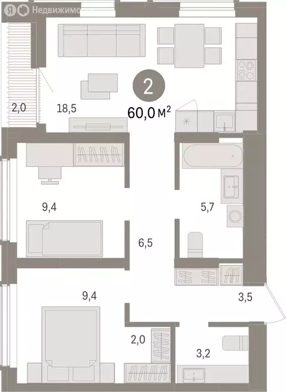 2-комнатная квартира: Новосибирск, улица Аэропорт (60.03 м) - Фото 0