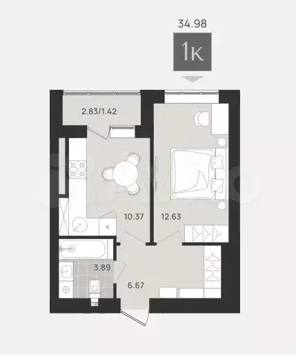 1-к. квартира, 35 м, 3/9 эт. - Фото 1