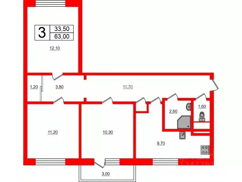 3-к кв. Санкт-Петербург Загребский бул., 39К2 (63.0 м) - Фото 1