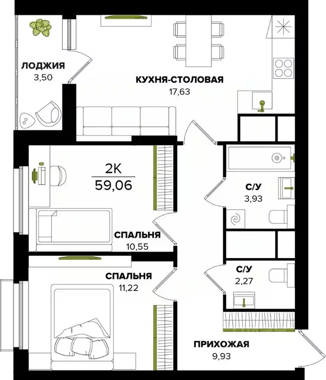 2-к кв. Тульская область, Тула  (59.06 м) - Фото 0