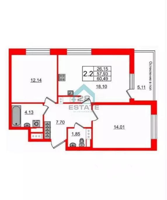 2-к кв. Санкт-Петербург Кубинская ул., 76к6литО (60.49 м) - Фото 2