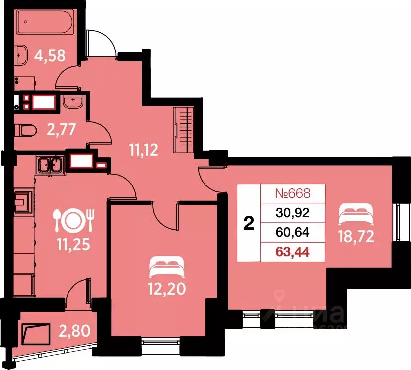 2-к кв. Калининградская область, Калининград ул. Гайдара, 94 (63.44 м) - Фото 0