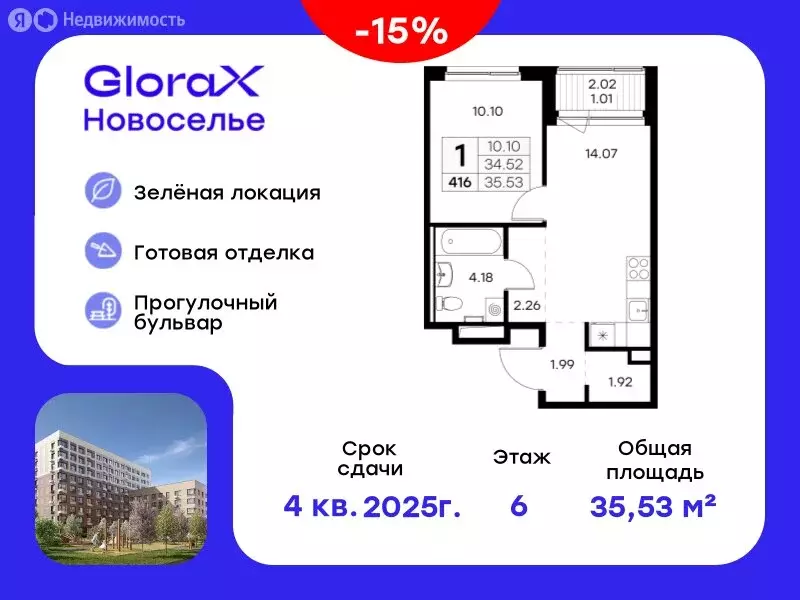 1-комнатная квартира: городской посёлок Новоселье, ЖК Глоракс ... - Фото 0
