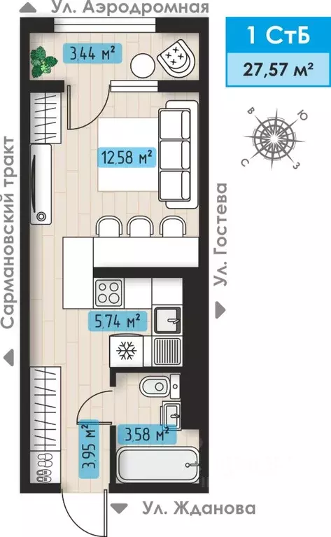 1-к кв. Татарстан, Набережные Челны ул. Жданова, 7 (27.57 м) - Фото 1