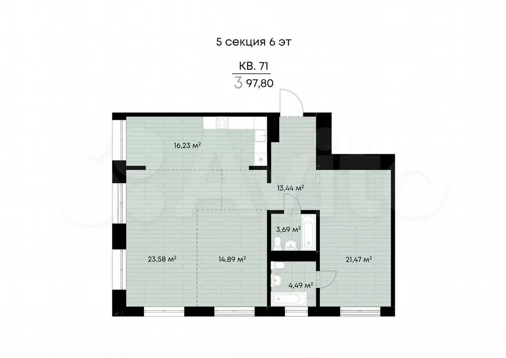 3-к. квартира, 97,8 м, 6/9 эт. - Фото 0