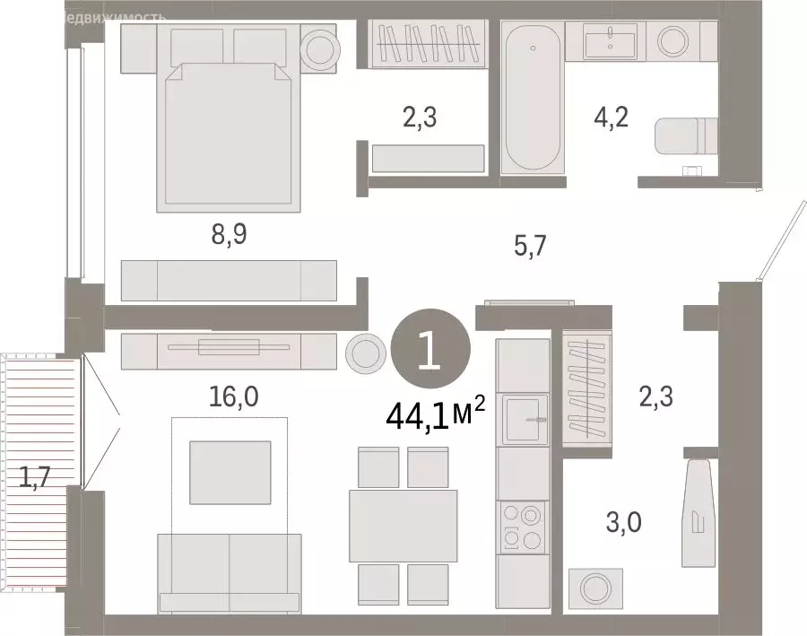 1-комнатная квартира: Тюмень, жилой комплекс Республики 205 (44.1 м) - Фото 2