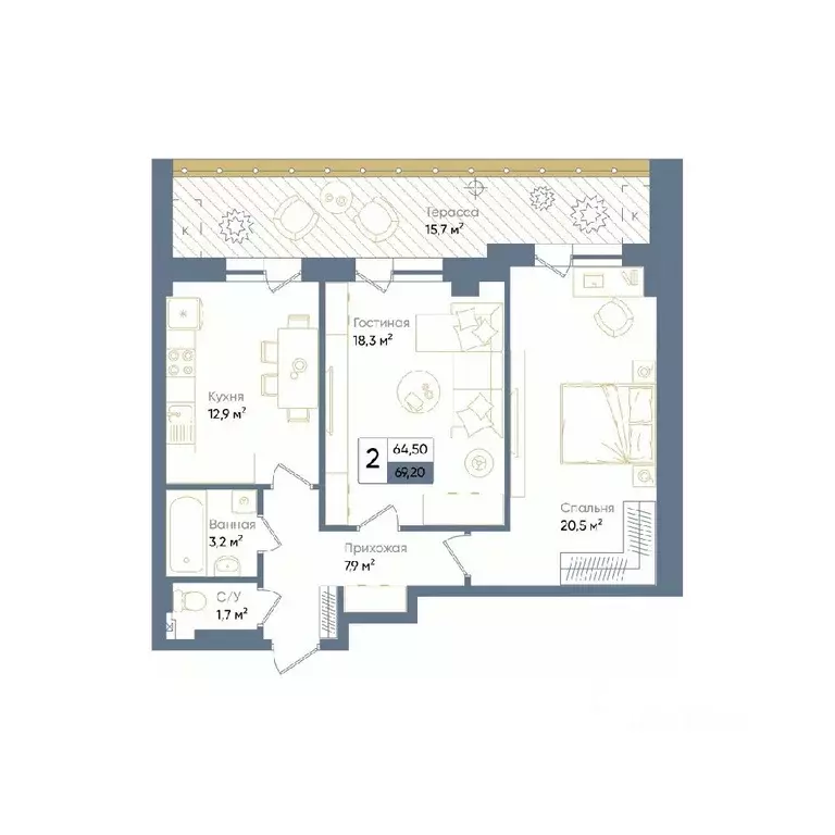 2-к кв. Ростовская область, Ростов-на-Дону просп. Стачки, 200с2 (70.8 ... - Фото 2