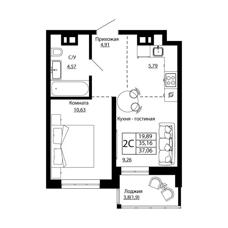 2-комнатная квартира: Ростов-на-Дону, улица Текучёва, 370/2 (36.96 м) - Фото 0