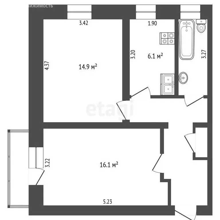 2-комнатная квартира: Тюмень, улица Новосёлов, 2 (48.9 м) - Фото 1