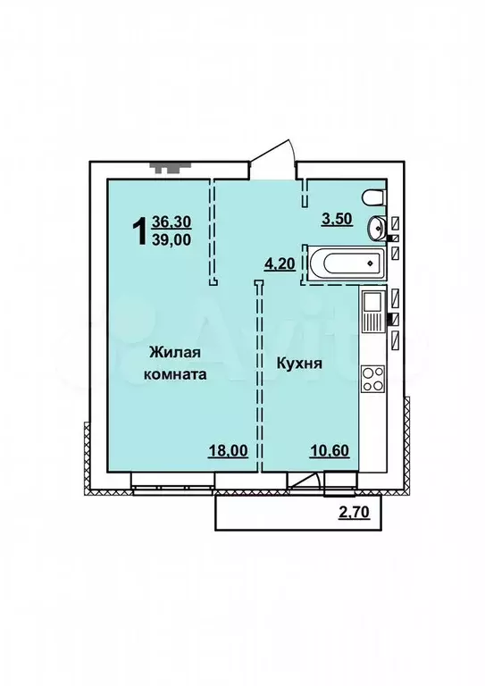 1-к. квартира, 39 м, 1/10 эт. - Фото 0