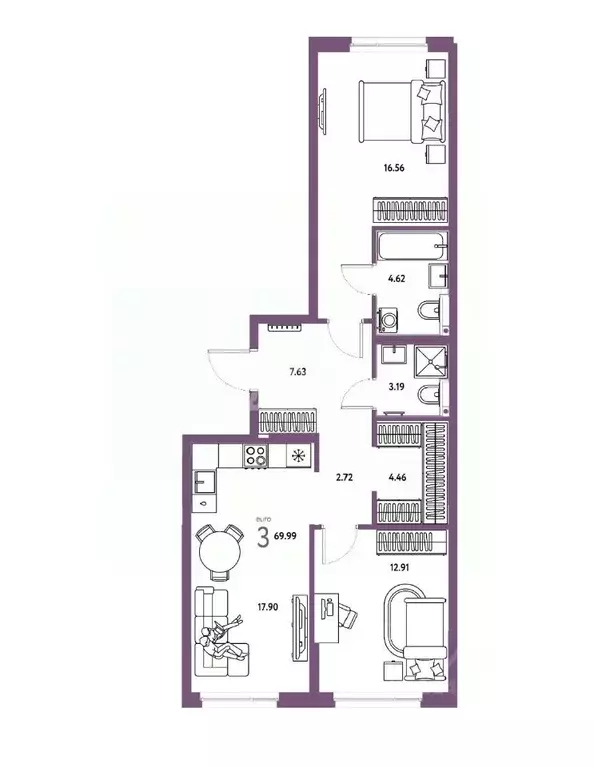 2-к кв. Тюменская область, Тюмень Харьковская ул., 72А (70.0 м) - Фото 0