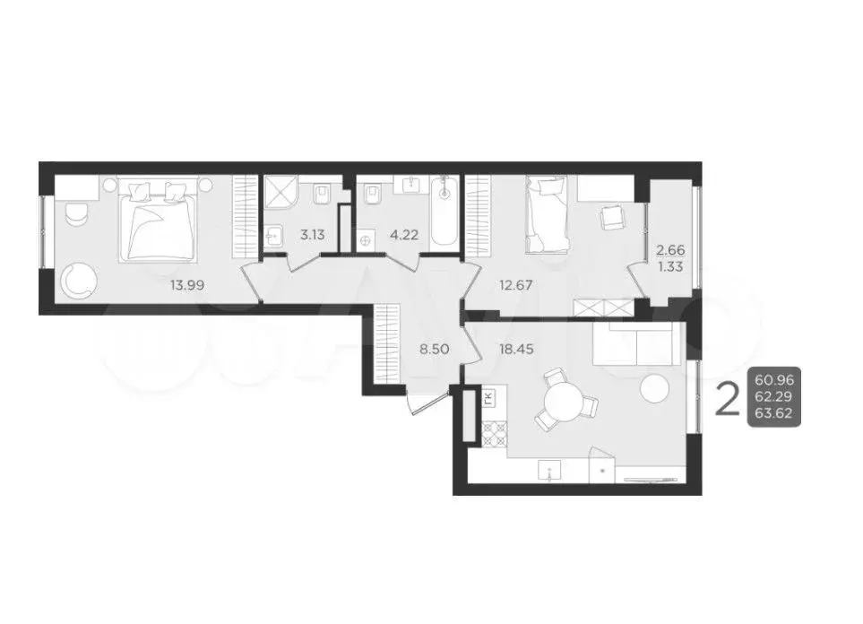 2-к. квартира, 62,5 м, 1/9 эт. - Фото 1