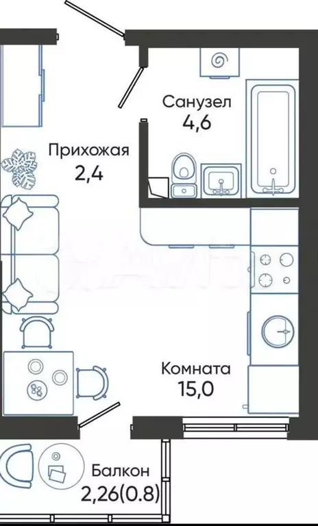 Квартира-студия, 22,1 м, 6/24 эт. - Фото 0