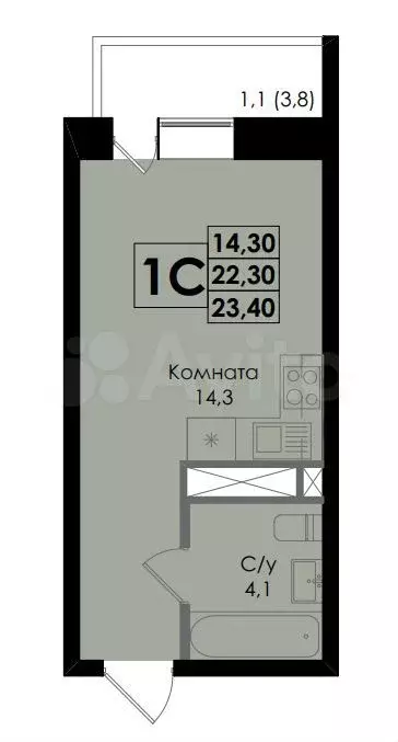 Квартира-студия, 23,4 м, 7/22 эт. - Фото 0